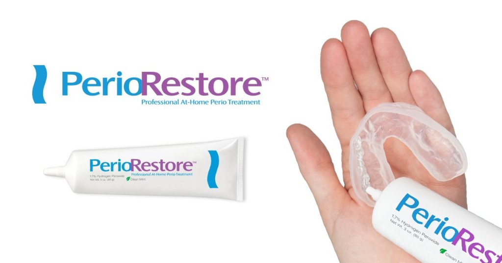 An advertisement for PerioRestore professional at-home perio treatment, showing the gel tube and a person applying it to a clear dental tray.